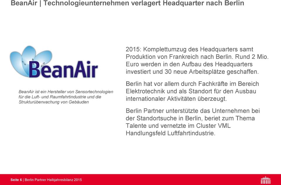 BeanAir ist ein Hersteller von Sensortechnologien für die Luft- und Raumfahrtindustrie und die Strukturüberwachung von Gebäuden Berlin hat vor allem durch Fachkräfte im Bereich