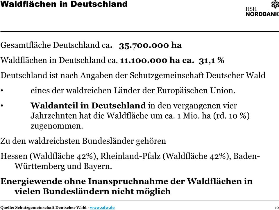 Waldanteil in Deutschland in den vergangenen vier Jahrzehnten hat die Waldfläche um ca. 1 Mio. ha (rd. 10 %) zugenommen.