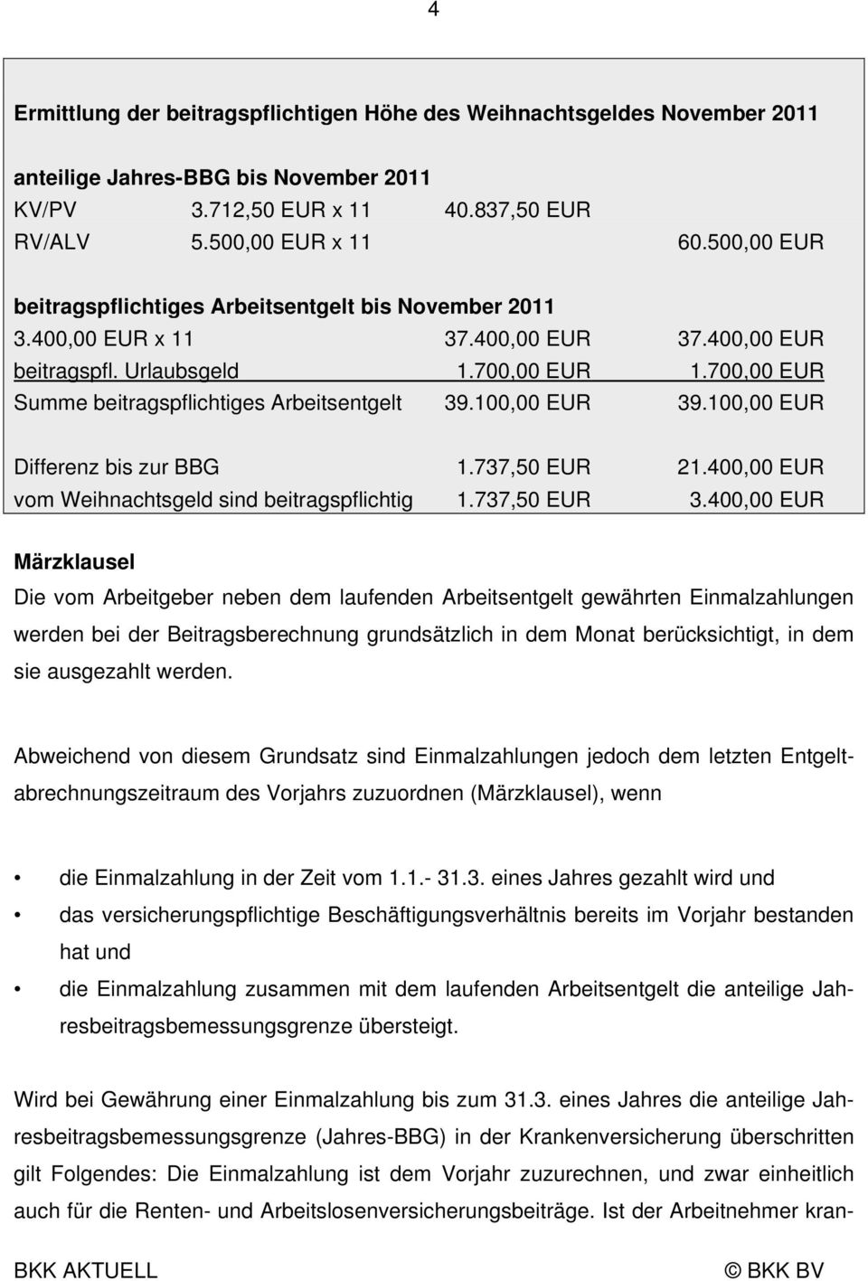 700,00 EUR Summe beitragspflichtiges Arbeitsentgelt 39.100,00 EUR 39.100,00 EUR Differenz bis zur BBG 1.737,50 EUR 21.400,00 EUR vom Weihnachtsgeld sind beitragspflichtig 1.737,50 EUR 3.