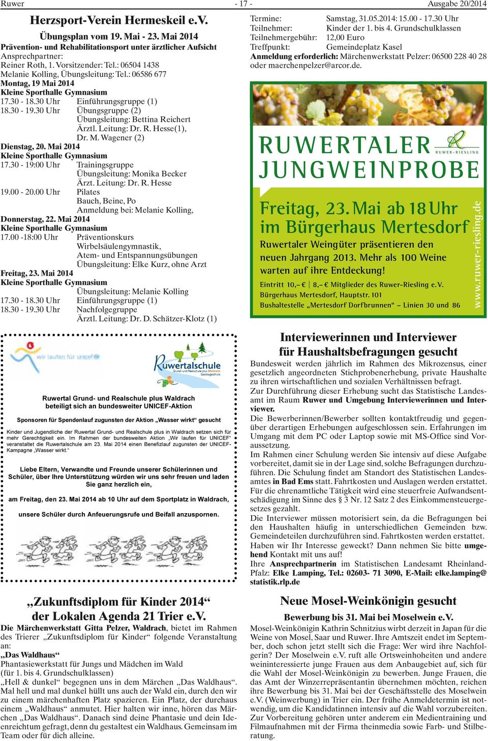 30 Uhr Übungsgruppe (2) Übungsleitung: Bettina Reichert Ärztl. Leitung: Dr. R. Hesse(1), Dr. M. Wagener (2) Dienstag, 20. Mai 2014 Kleine Sporthalle Gymnasium 17.