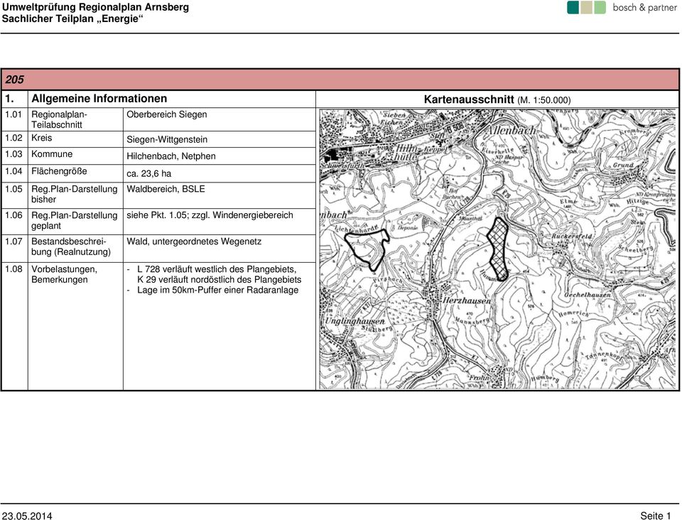 Plan-Darstellung geplant 1.07 Bestandsbeschreibung (Realnutzung) 1.08 Vorbelastungen, Bemerkungen Waldbereich, BSLE siehe Pkt. 1.05; zzgl.