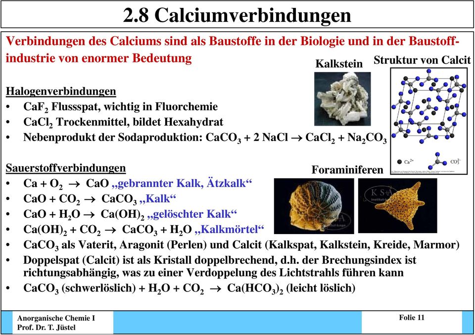 gebrannter Kalk, Ätzkalk CaO + CO 2 CaCO 3 Kalk CaO O+ H 2 O Ca(OH) 2 gelöschter Kalk Ca(OH) 2 + CO 2 CaCO 3 + H 2 O Kalkmörtel CaCO 3 als Vaterit, Aragonit (Perlen) und Calcit (Kalkspat, Kalkstein,