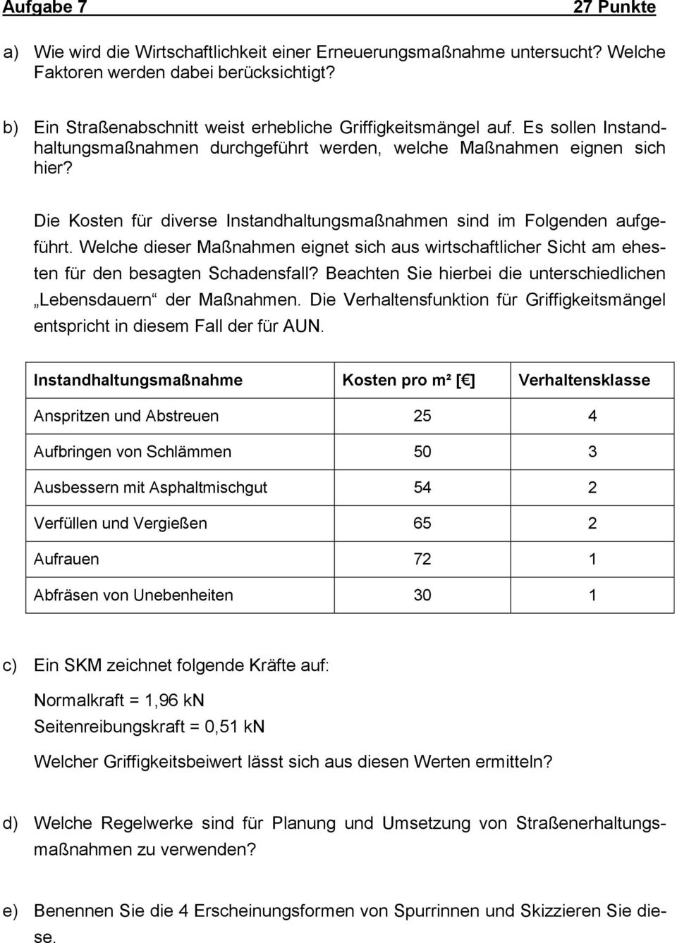 Die Kosten für diverse Instandhaltungsmaßnahmen sind im Folgenden aufgeführt. Welche dieser Maßnahmen eignet sich aus wirtschaftlicher Sicht am ehesten für den besagten Schadensfall?