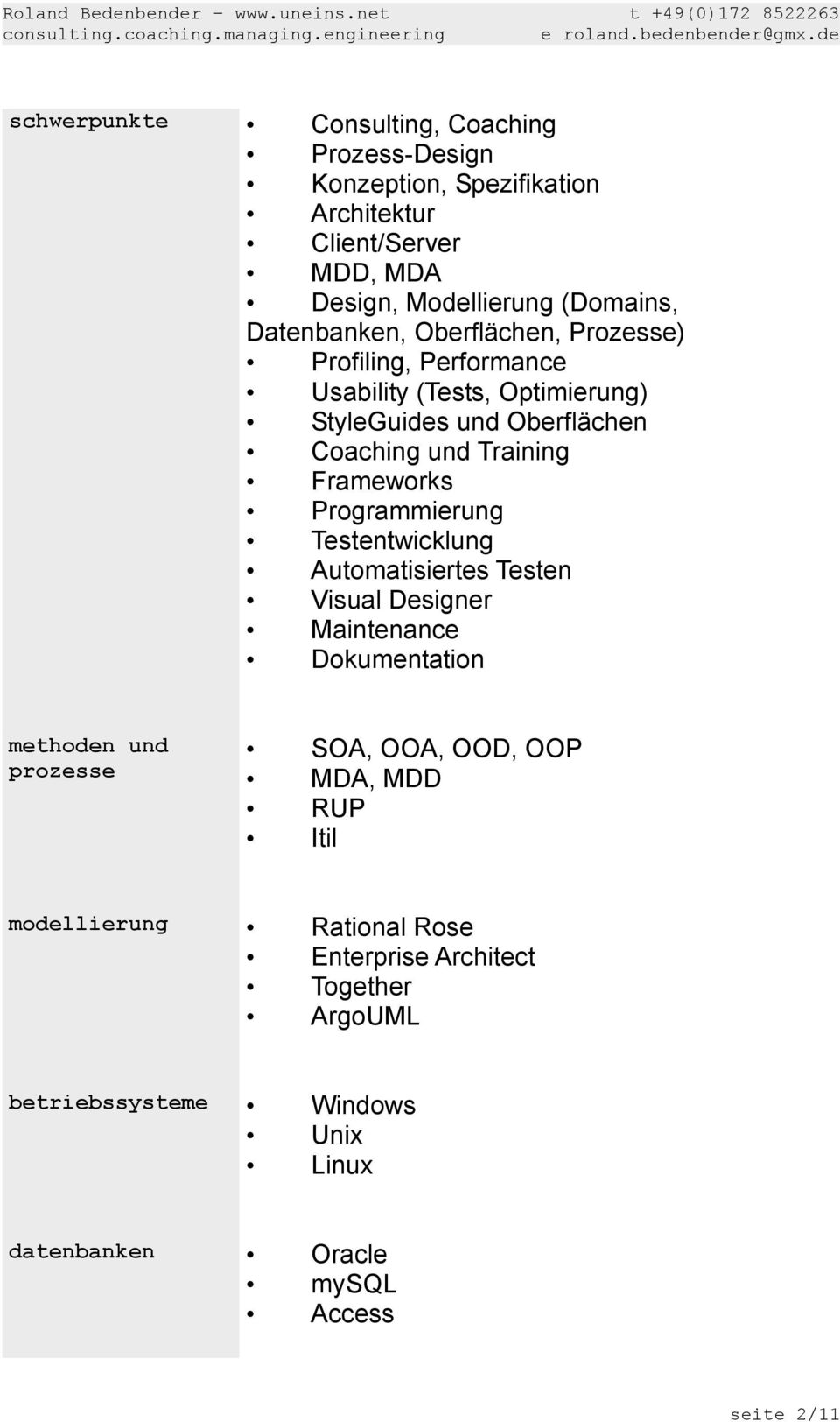 (Domains, Datenbanken, Oberflächen, Prozesse) Profiling, Performance Usability (Tests, Optimierung) StyleGuides und Oberflächen Coaching und Training Frameworks