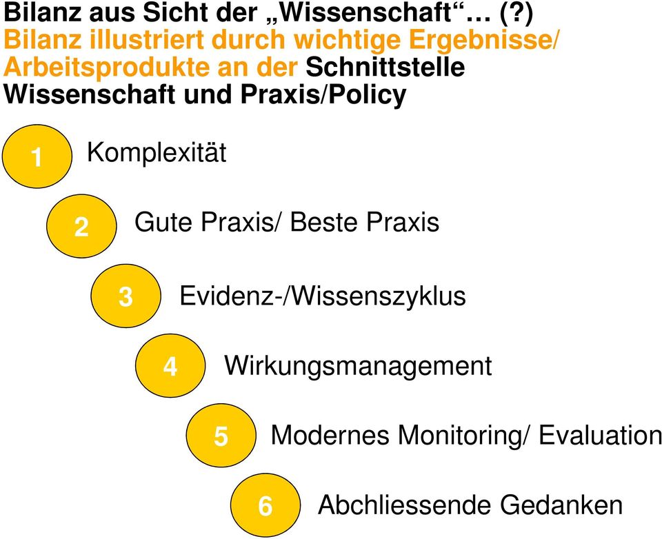 Schnittstelle Wissenschaft und Praxis/Policy 1 Komplexität 2 Gute Praxis/
