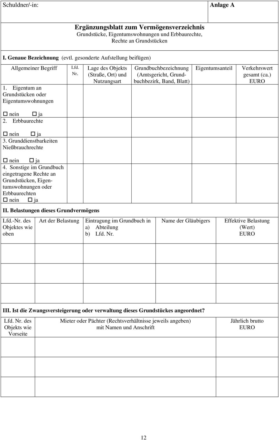 Lage des Objekts (Straße, Ort) und Nutzungsart Grundbuchbezeichnung (Amtsgericht, Grundbuchbezirk, Band, Blatt) Eigentumsanteil Verkehrswert gesamt (ca.) ja 4.