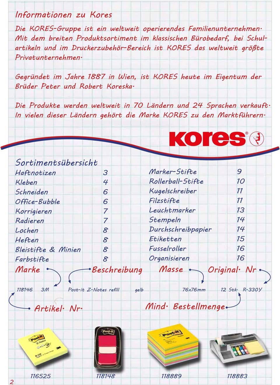 Gegründet im Jahre 1887 in Wien, ist KORES heute im Eigentum der Brüder Peter und Robert Koreska. Die Produkte werden weltweit in 70 Ländern und 24 Sprachen verkauft.