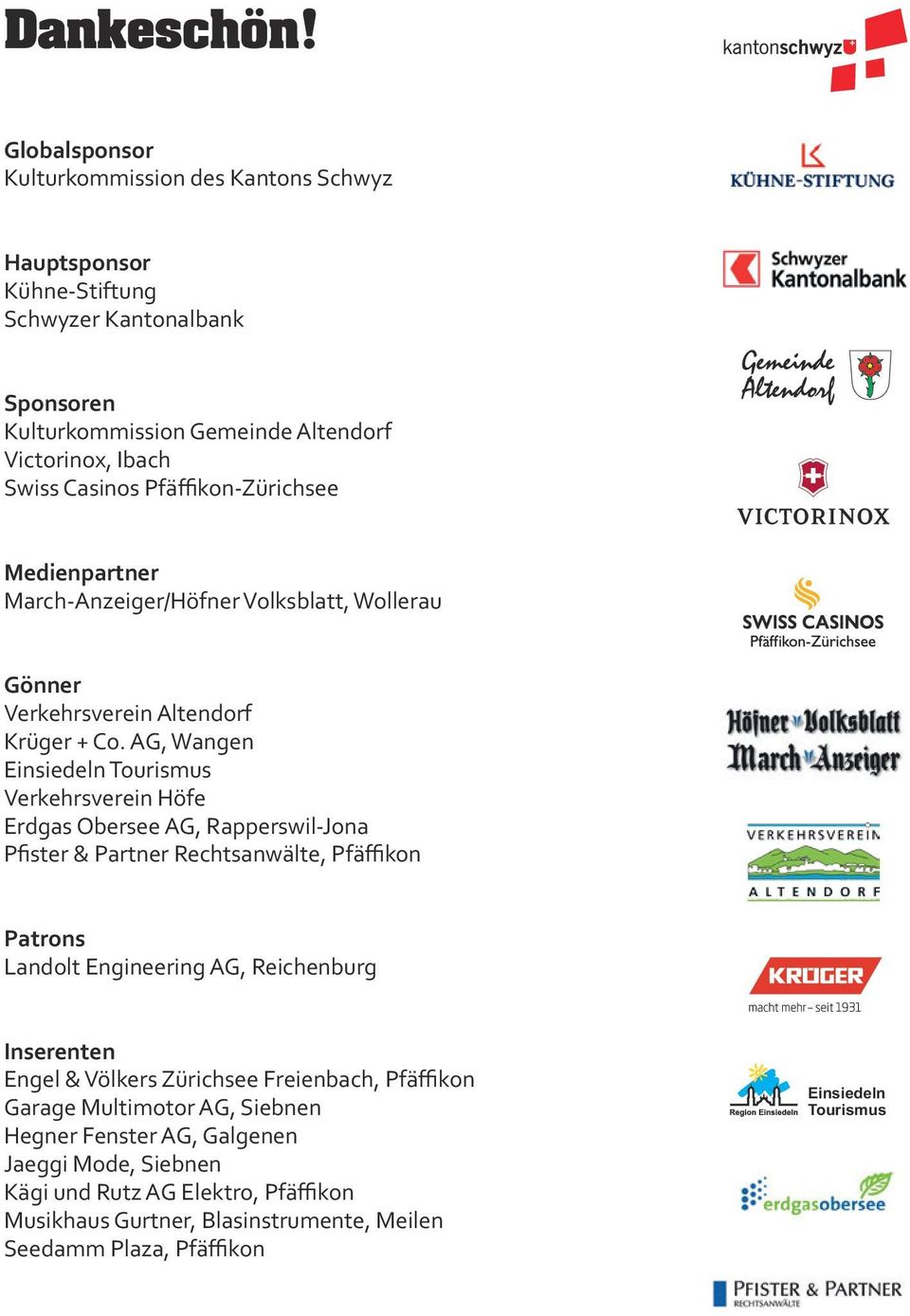 Medienpartner March-Anzeiger/Höfner Volksblatt, Wollerau Gönner Verkehrsverein Altendorf Krüger + Co.