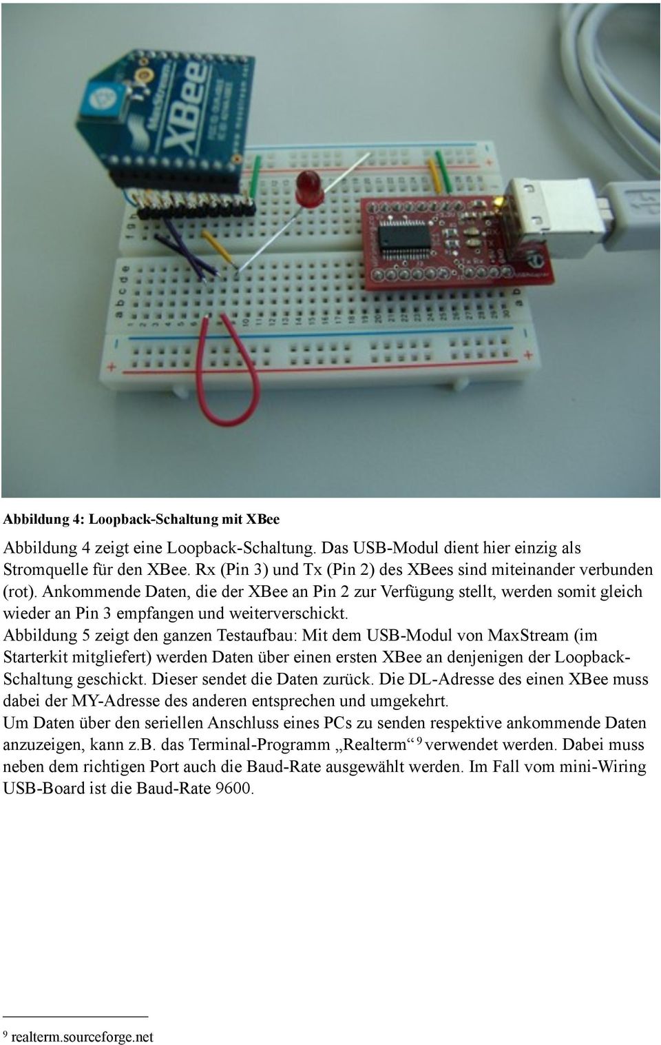 Abbildung 5 zeigt den ganzen Testaufbau: Mit dem USB-Modul von MaxStream (im Starterkit mitgliefert) werden Daten über einen ersten XBee an denjenigen der Loopback- Schaltung geschickt.
