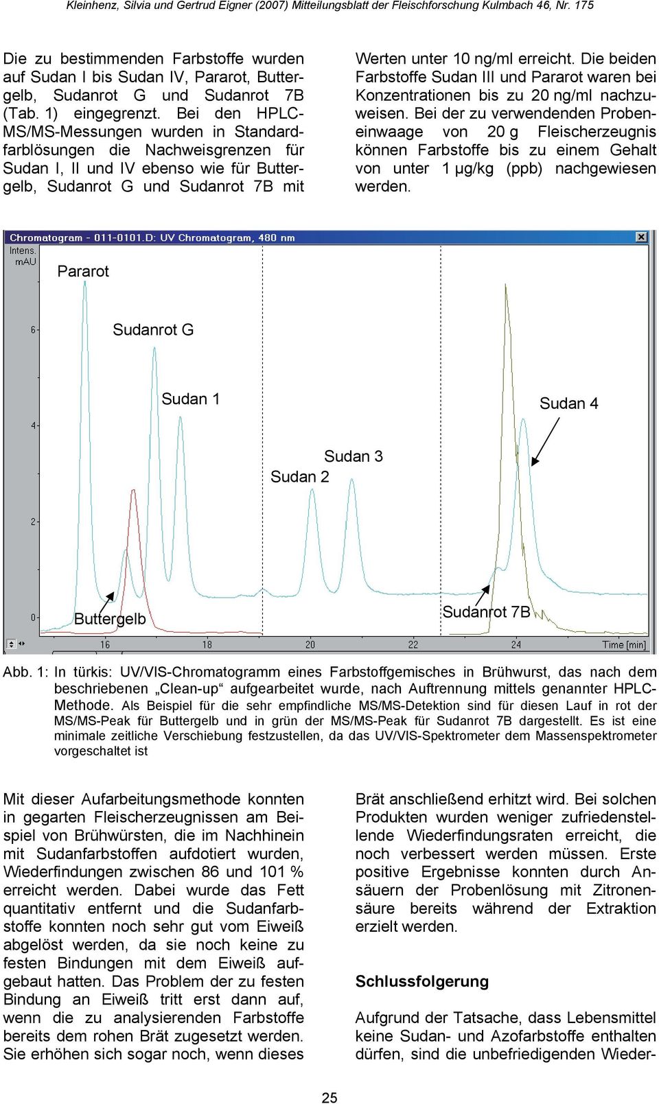 Die beiden Farbstoffe Sudan III und Pararot waren bei Konzentrationen bis zu 20 ng/ml nachzuweisen.