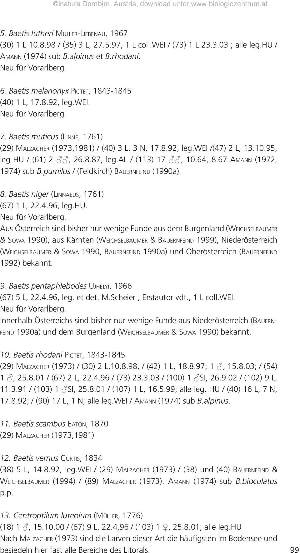 al / (113) 17, 10.64, 8.67 AMANN (1972, 1974) sub B.pumilus / (Feldkirch) BAUERNFEIND (1990a). 8. Baetis niger (LINNAEUS, 1761) (67) 1 L, 22.4.96, leg.hu.