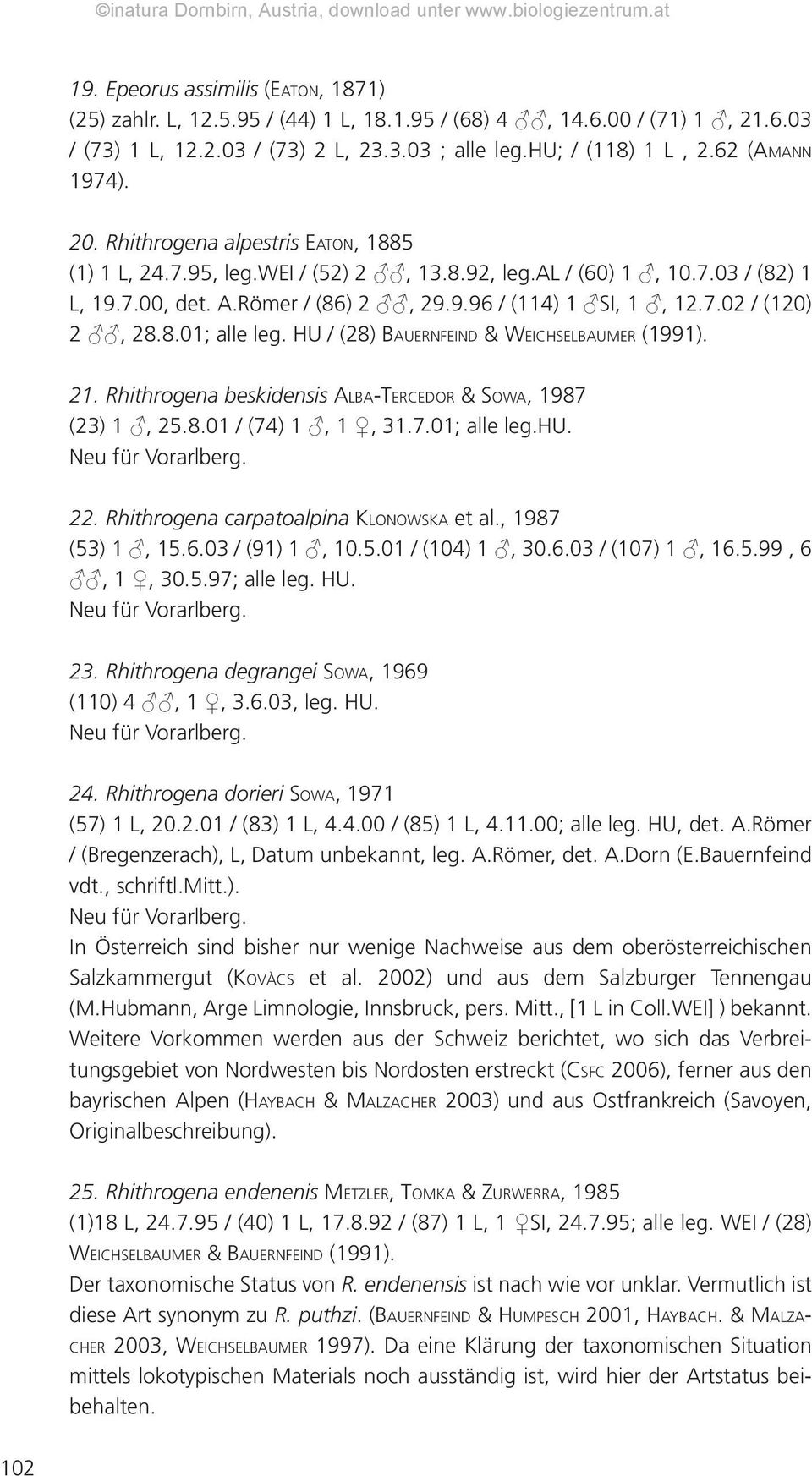 8.01; alle leg. HU / (28) BAUERNFEIND & WEICHSELBAUMER (1991). 21. Rhithrogena beskidensis ALBA-TERCEDOR & SOWA, 1987 (23) 1, 25.8.01 / (74) 1, 1, 31.7.01; alle leg.hu. 22.
