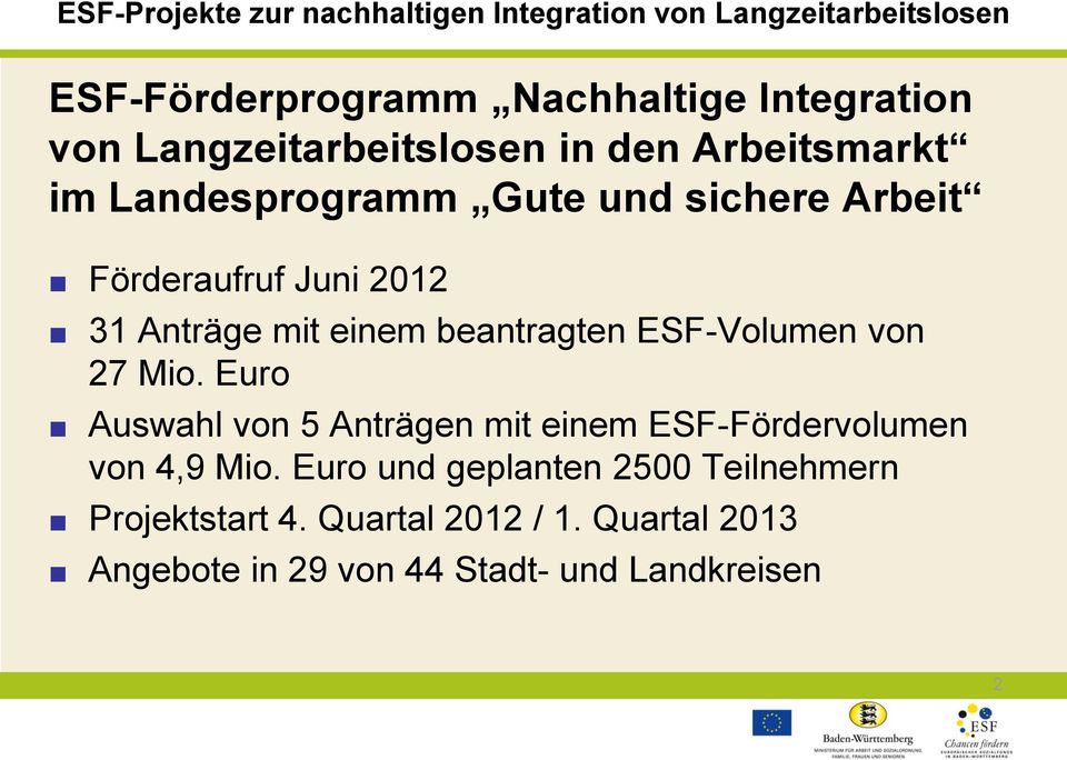 ESF-Volumen von 27 Mio. Euro Auswahl von 5 Anträgen mit einem ESF-Fördervolumen von 4,9 Mio.