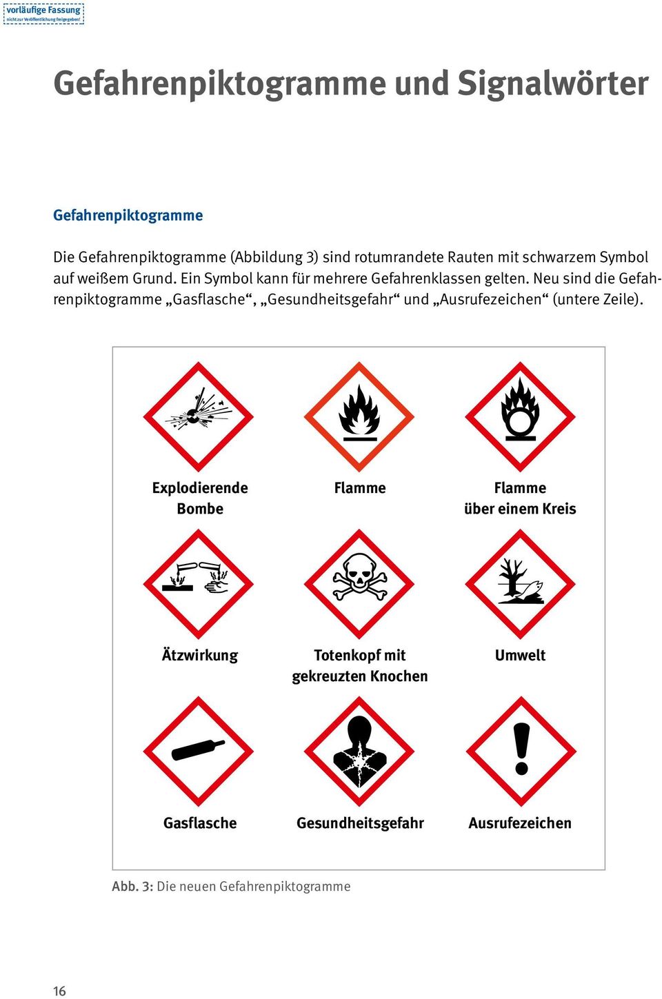 Neu sind die Gefahrenpiktogramme Gasflasche, Gesundheitsgefahr und Ausrufezeichen (untere Zeile).