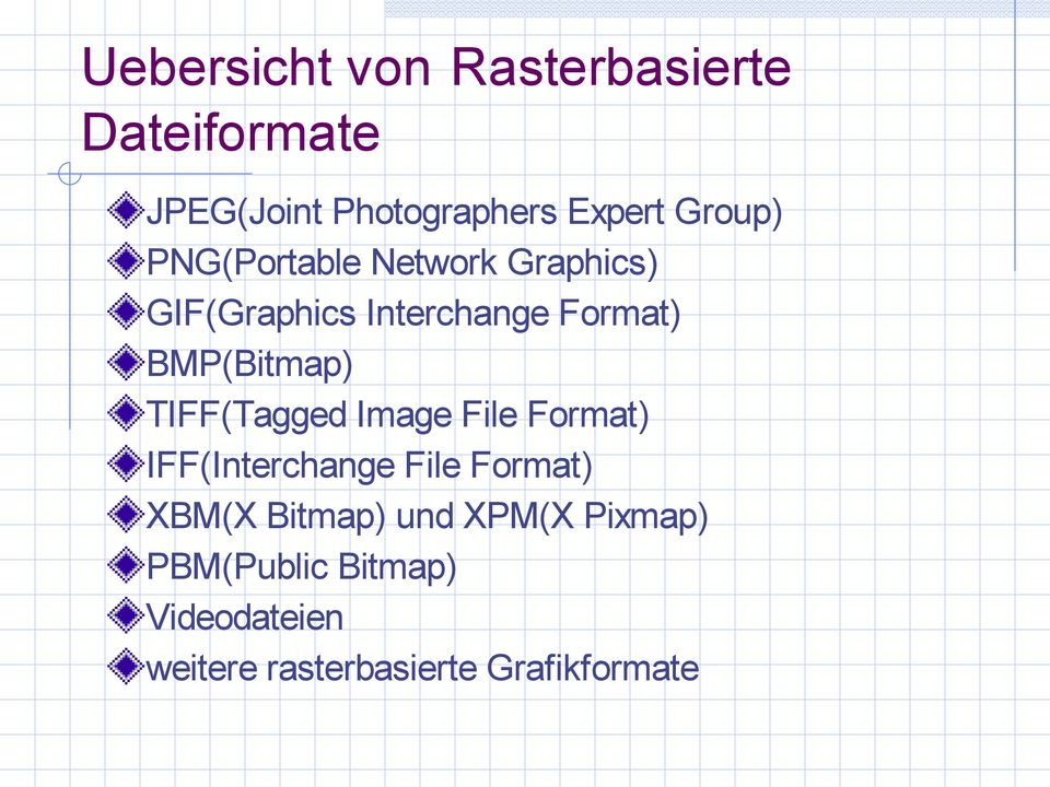 BMP(Bitmap) TIFF(Tagged Image File Format) IFF(Interchange File Format) XBM(X