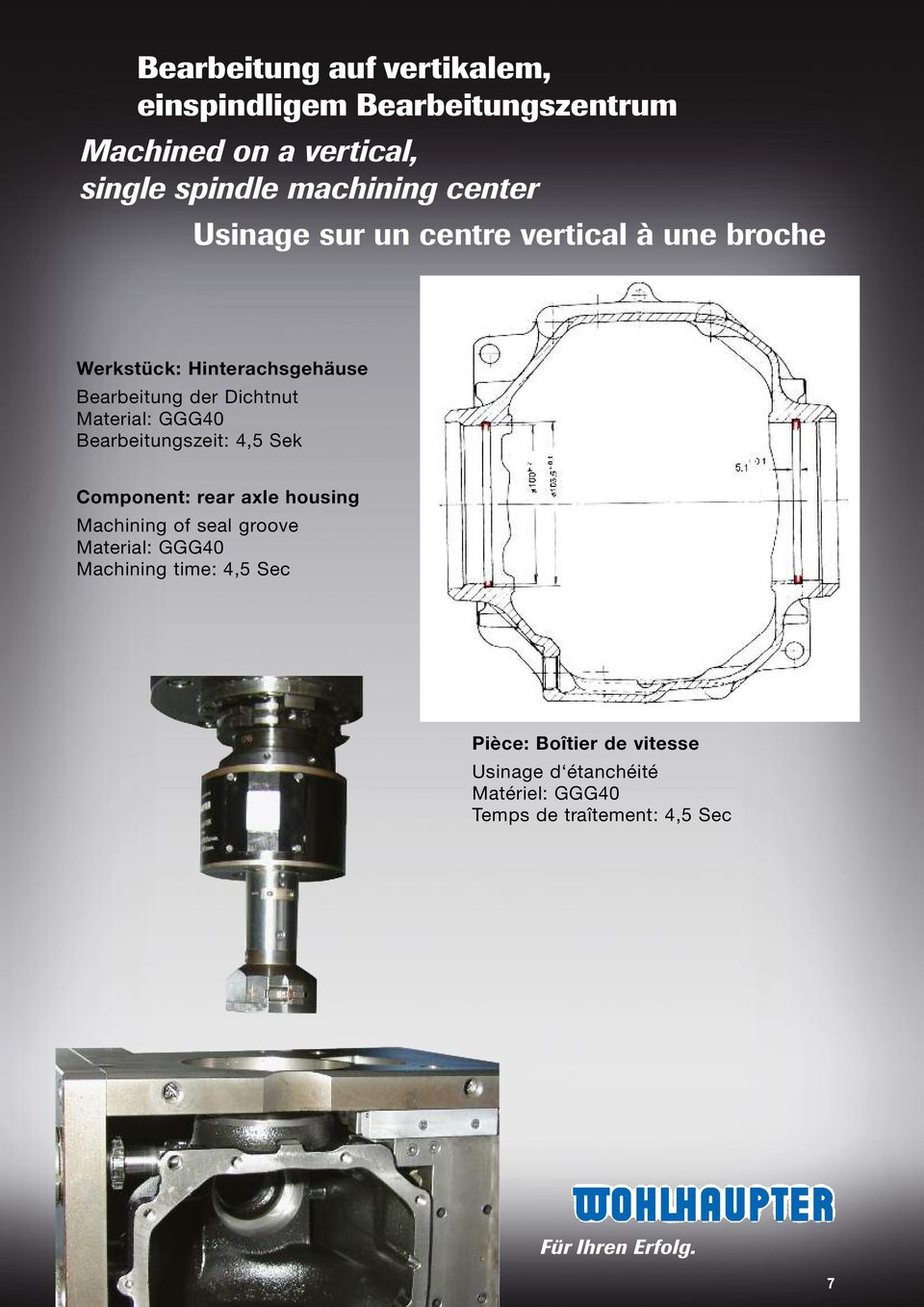 Material: GGG40 Bearbeitungszeit: 4,5 Sek Component: rear axle housing Machining of seal groove Material: GGG40