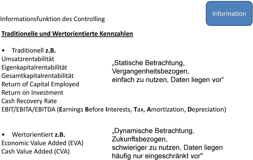 liegen vor Return of Capital Employed Return on Investment Cash Recovery Rate EBIT/EBITA/EBITDA (Earnings Before Interests, Tax,