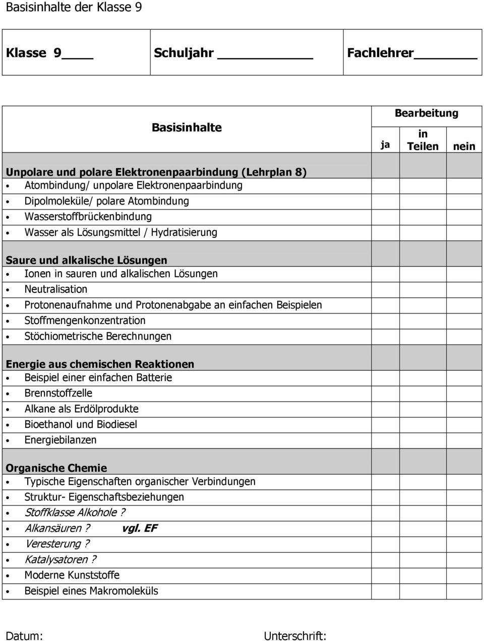 Protonenaufnahme und Protonenabgabe an einfachen Beispielen Stoffmengenkonzentration Stöchiometrische Berechnungen Energie aus chemischen Reaktionen Beispiel einer einfachen Batterie Brennstoffzelle