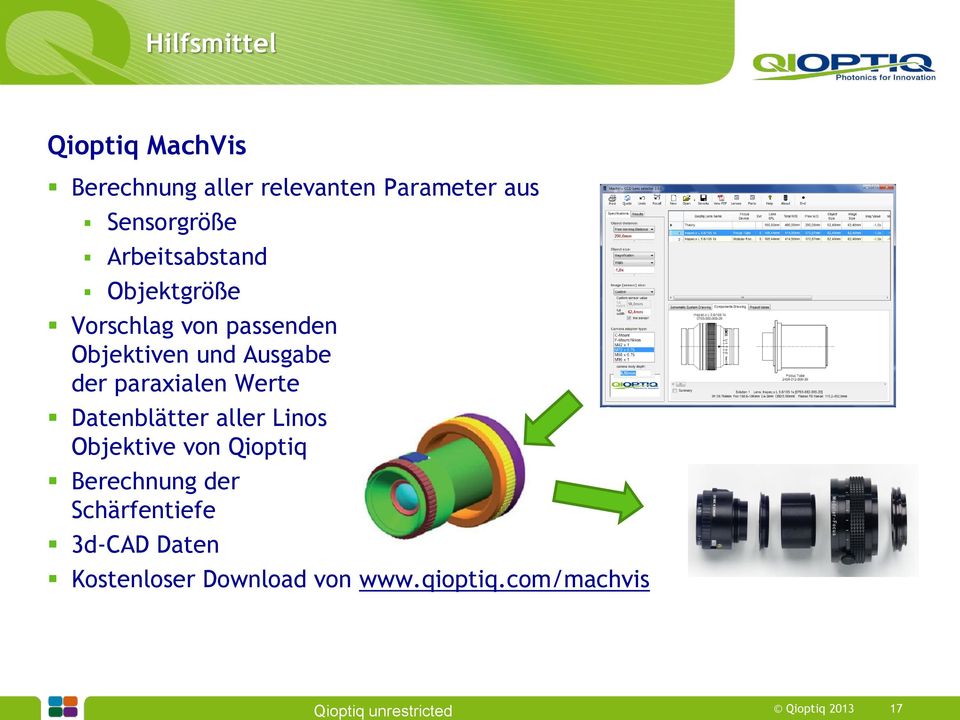 paraxialen Werte Datenblätter aller Linos Objektive von Qioptiq Berechnung der