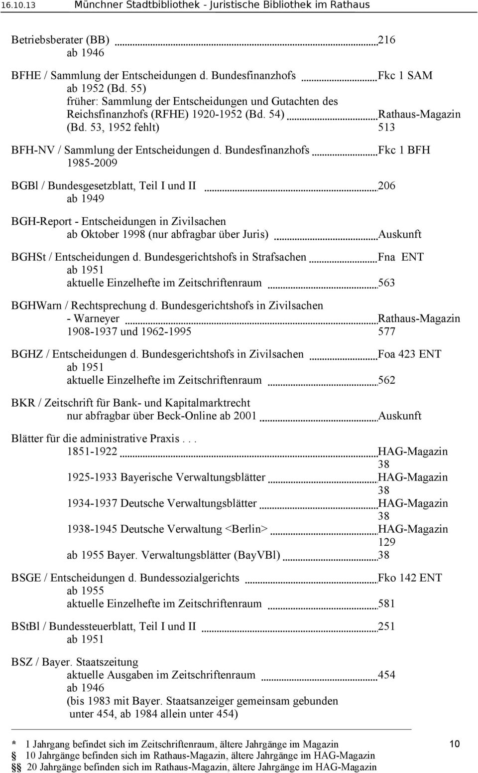 Bundesfinanzhofs 1985-2009 Fkc 1 BFH BGBl / Bundesgesetzblatt, Teil I und II 206 ab 1949 BGH-Report - Entscheidungen in Zivilsachen ab Oktober 1998 (nur abfragbar über Juris) BGHSt / Entscheidungen d.
