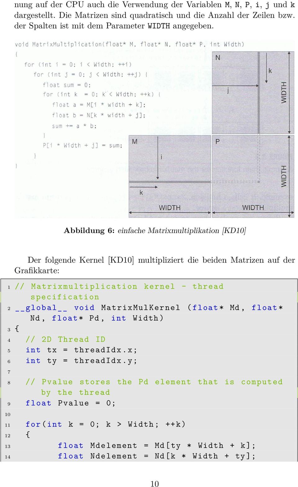 Abbildung 6: einfache Matrixmultiplikation [KD10] Der folgende Kernel [KD10] multipliziert die beiden Matrizen auf der Grafikkarte: 1 // Matrixmultiplication kernel - thread specification