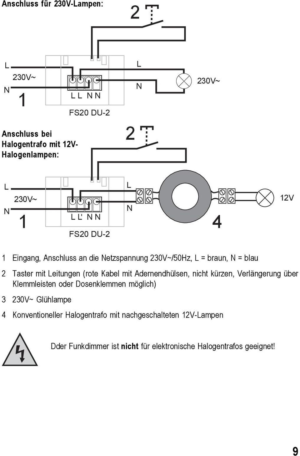 Leitungen (rote Kabel mit Adernendhülsen, nicht kürzen, Verlängerung über Klemmleisten oder Dosenklemmen möglich) 3 230V~