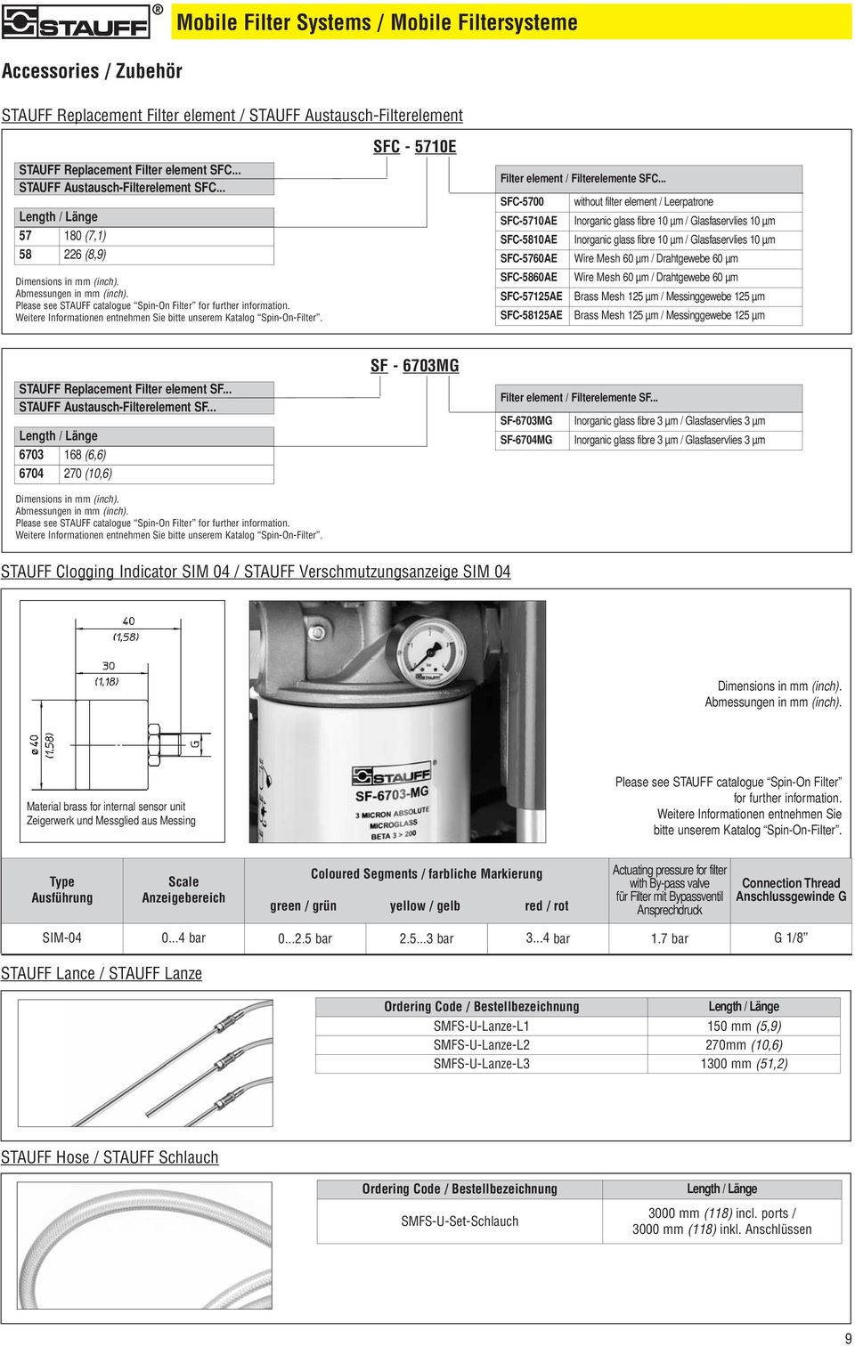 Weitere Informationen entnehmen Sie bitte unserem Katalog Spin-On-Filter. SFC - 5710E Filter element / Filterelemente SFC.