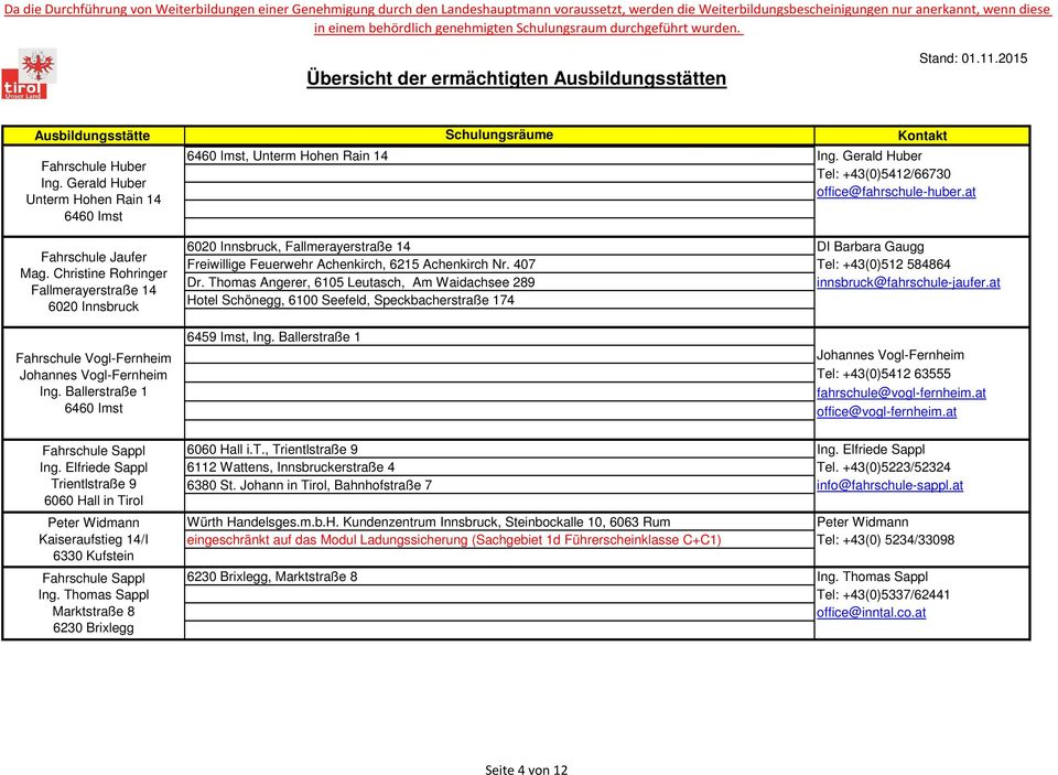Thomas Angerer, 6105 Leutasch, Am Waidachsee 289 innsbruck@fahrschule-jaufer.at Hotel Schönegg, 6100 Seefeld, Speckbacherstraße 174 Fahrschule Vogl-Fernheim Johannes Vogl-Fernheim Ing.
