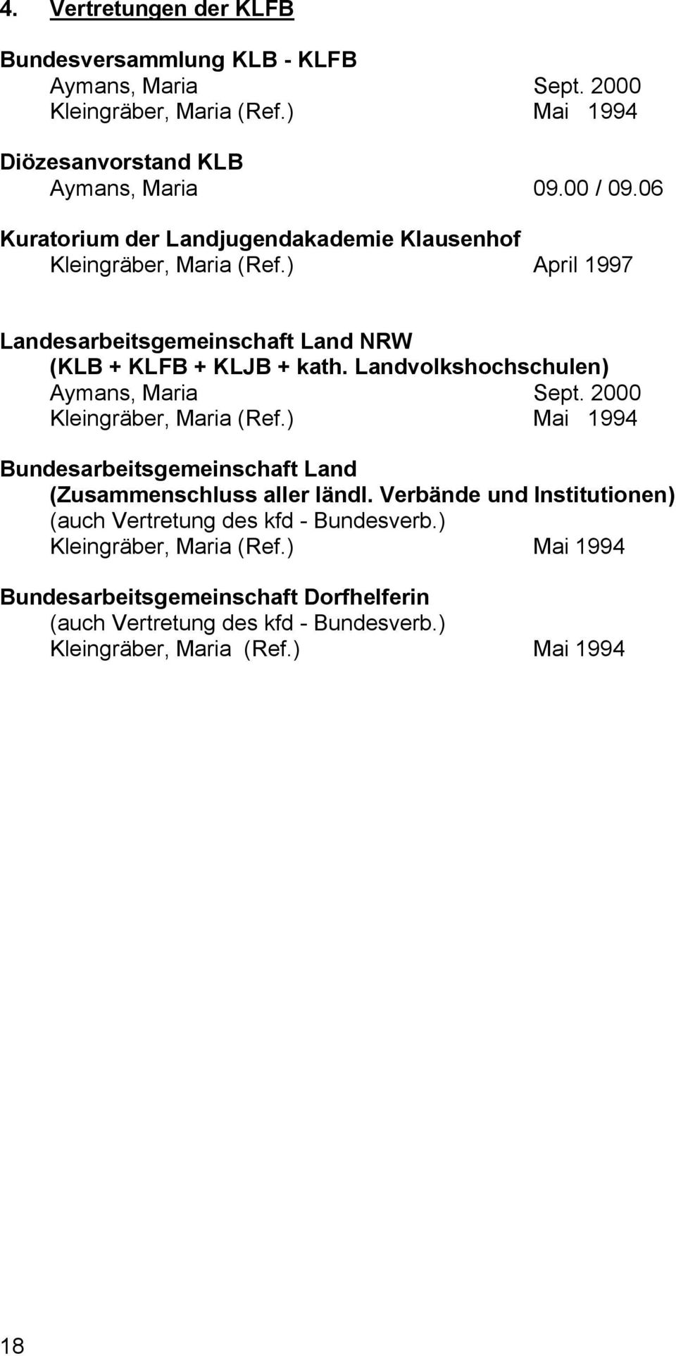 Landvolkshochschulen) Aymans, Maria Sept. 2000 Kleingräber, Maria (Ref.) Mai 1994 Bundesarbeitsgemeinschaft Land (Zusammenschluss aller ländl.
