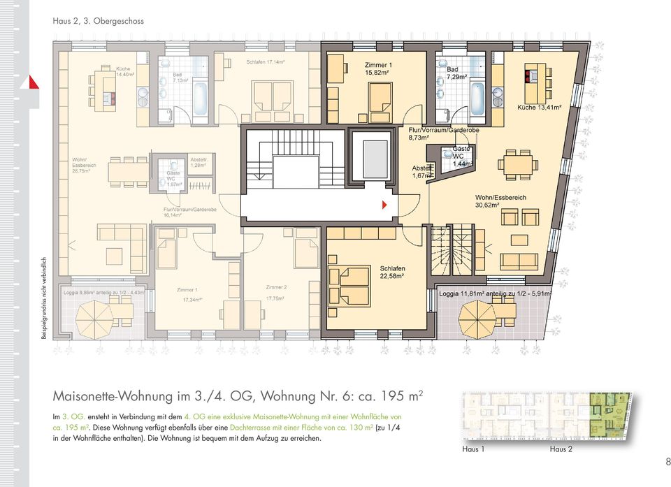 OG eine exklusive Maisonette-Wohnung mit einer Wohnfläche von ca. 195 m².