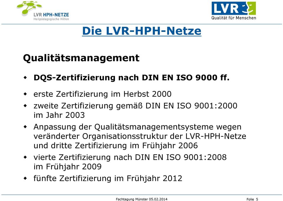 der Qualitätsmanagementsysteme wegen veränderter Organisationsstruktur der LVR-HPH-Netze und dritte
