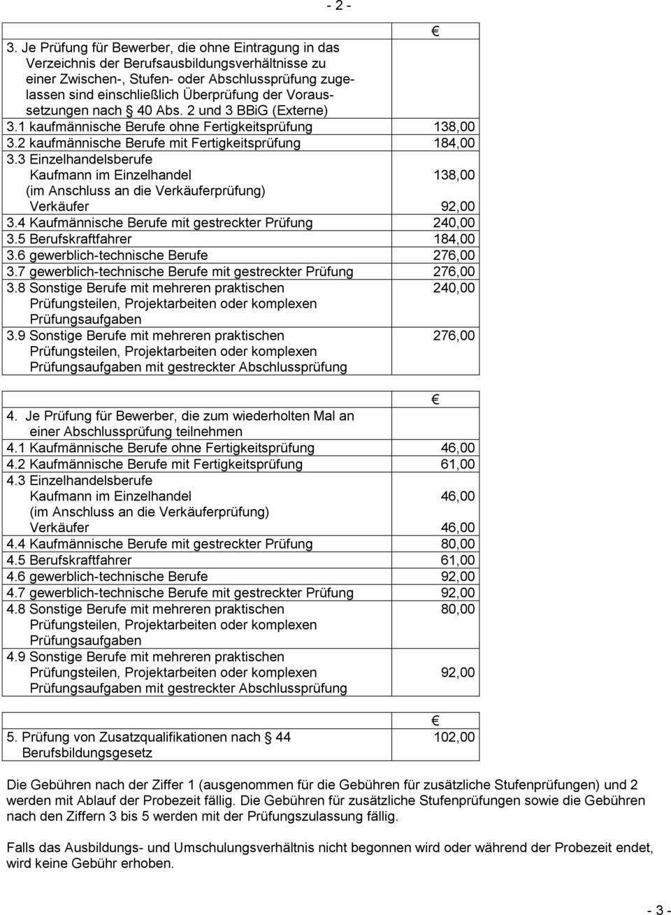 Voraussetzungen nach 40 Abs. 2 und 3 BBiG (Externe) 3.1 kaufmännische Berufe ohne Fertigkeitsprüfung 138,00 3.2 kaufmännische Berufe mit Fertigkeitsprüfung 184,00 3.