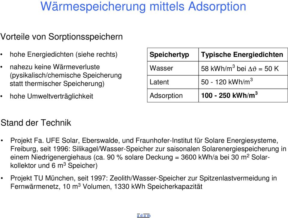 UFE Solar, Eberswalde, und Fraunhofer-Institut für Solare Energiesysteme, Freiburg, seit 1996: Silikagel/Wasser-Speicher zur saisonalen Solarenergiespeicherung in einem Niedrigenergiehaus (ca.