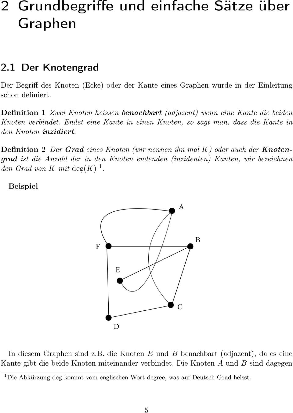 Definition 2 Der Grad eines Knoten (wir nennen ihn mal K) oder auch der Knotengrad ist die Anzahl der in den Knoten endenden (inzidenten) Kanten, wir bezeichnen den Grad von K mit deg(k) 1.