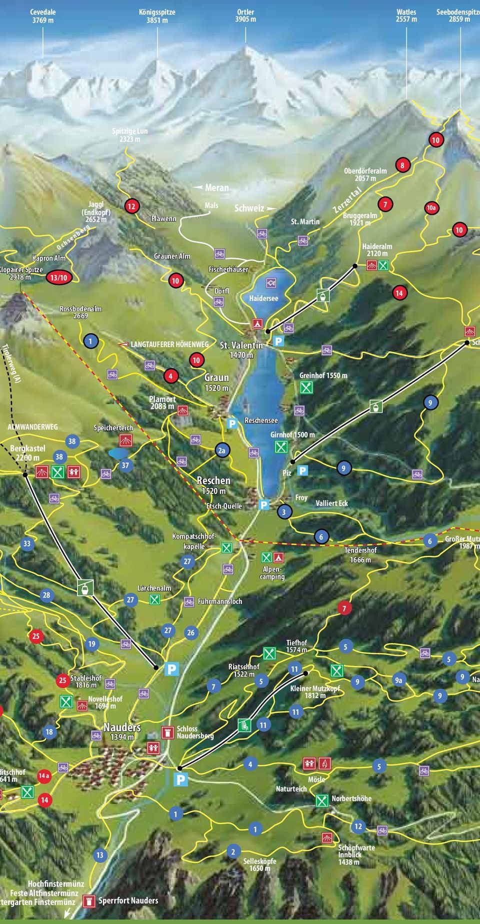 Martin Oberdörferalm 2057 m Zerzertal Bruggeralm 1921 m 7 Haideralm 2120 m 8 14 10a 10 Tirolerweg (A) ALMWANDERWEG Bergkastel 2200 m 38 38 1 Speicherteich 37 LANGTAUFERER HÖHENWEG 4 Plamort 2083 m 10