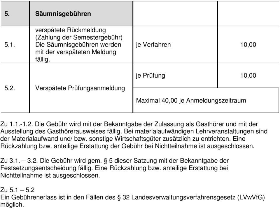 Bei materialaufwändigen Lehrveranstaltungen sind der Materialaufwand und/ bzw. sonstige Wirtschaftsgüter zusätzlich zu entrichten. Eine Rückzahlung bzw.