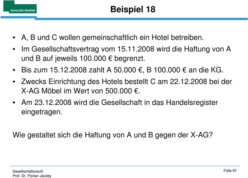 000 an die KG. Zwecks Einrichtung des Hotels bestellt C am 22.12.2008 bei der X-AG Möbel im Wert von 500.000. Am 23.