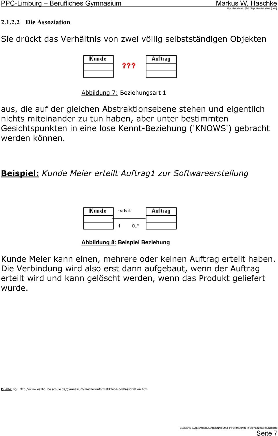 Beispiel: Kunde Meier erteilt Auftrag1 zur Softwareerstellung Abbildung 8: Beispiel Beziehung Kunde Meier kann einen, mehrere oder keinen Auftrag erteilt haben.