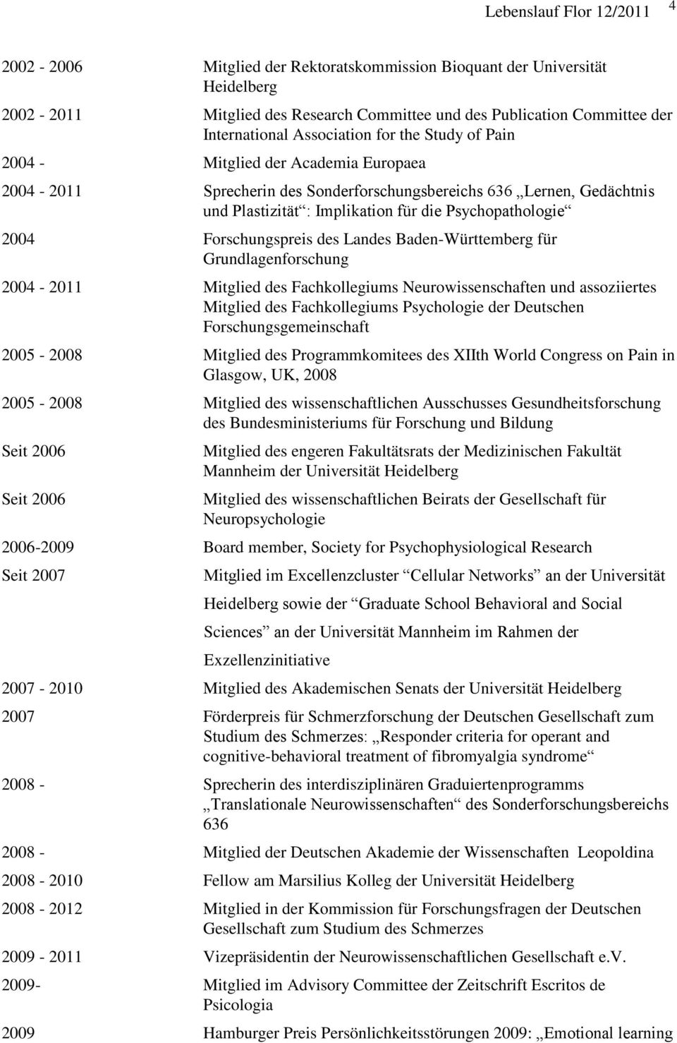 Landes Baden-Württemberg für Grundlagenforschung 2004-2011 Mitglied des Fachkollegiums Neurowissenschaften und assoziiertes Mitglied des Fachkollegiums Psychologie der Deutschen