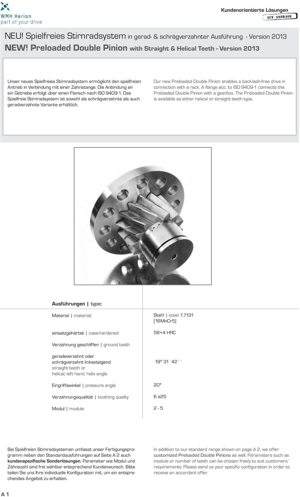 Die Anbindung an ein Getriebe erfolgt über einen Flansch nach ISO 9409-1. Das Spielfreie Stirnradsystem ist sowohl als schrägverzahnte als auch geradverzahnte Variante erhältlich.