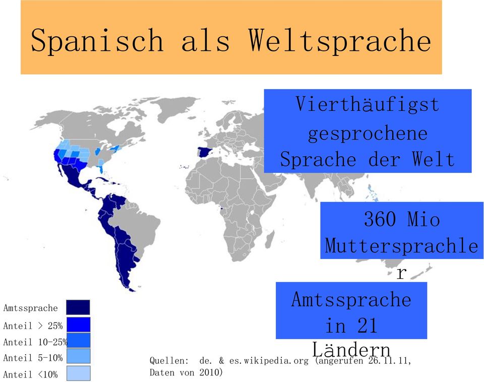 10-25% Anteil 5-10% Anteil <10% Amtssprache in 21 Ländern