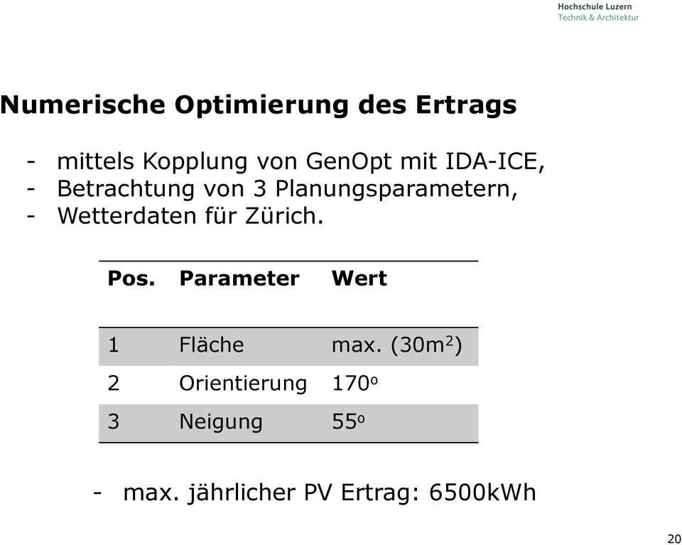 Wetterdaten für Zürich. Pos. Parameter Wert 1 Fläche max.