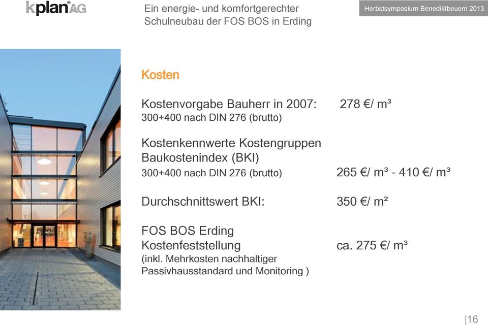 265 / m³ - 410 / m³ Durchschnittswert BKI: 350 / m² FOS BOS Erding