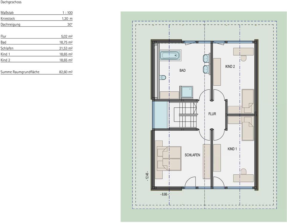 18,75 m² Schlafen 21,53 m² Kind 1 18,65