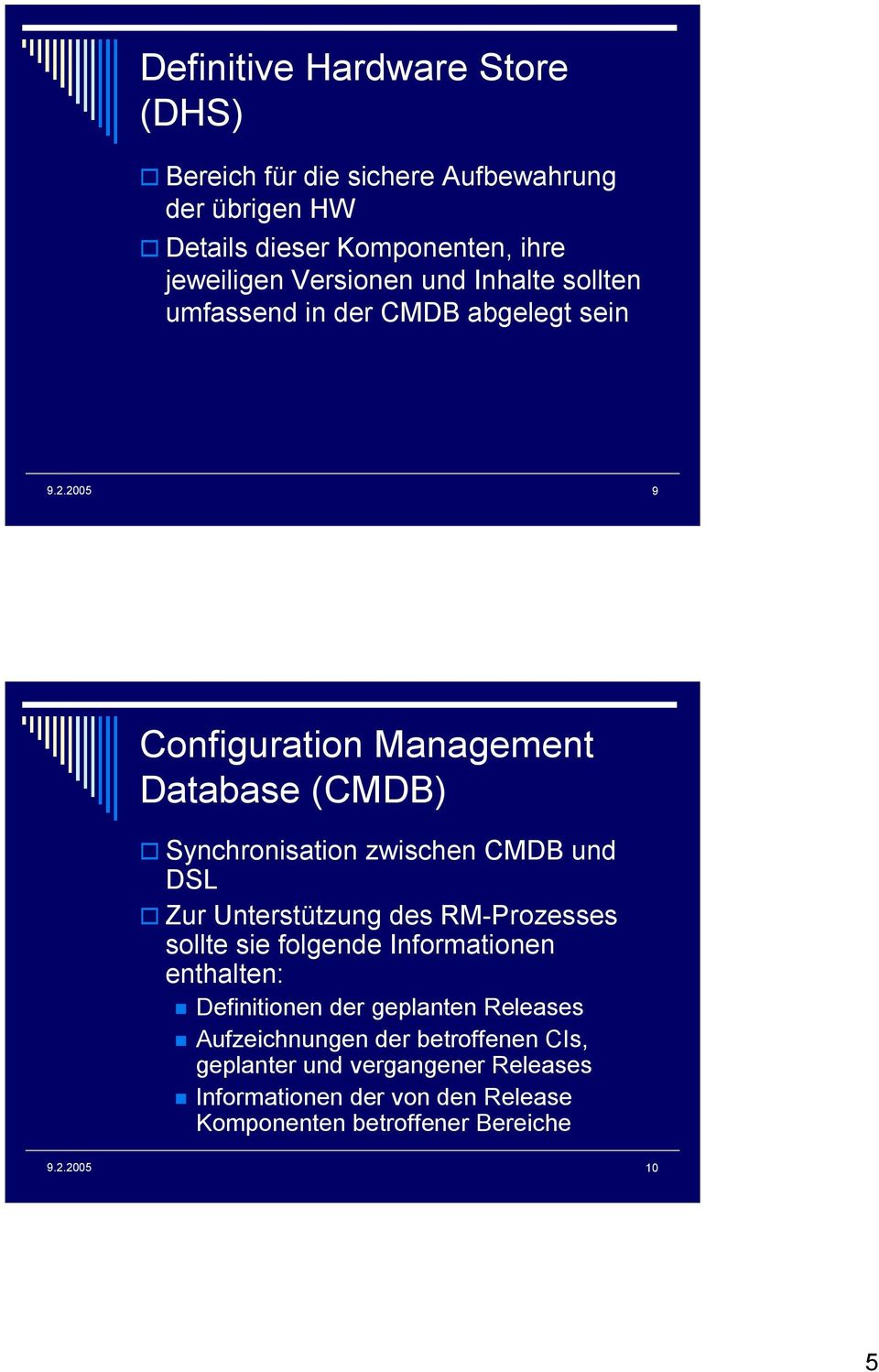 CMDB und DSL Zur Unterstützung des RM-Prozesses sollte sie folgende Informationen enthalten: Definitionen der geplanten Releases