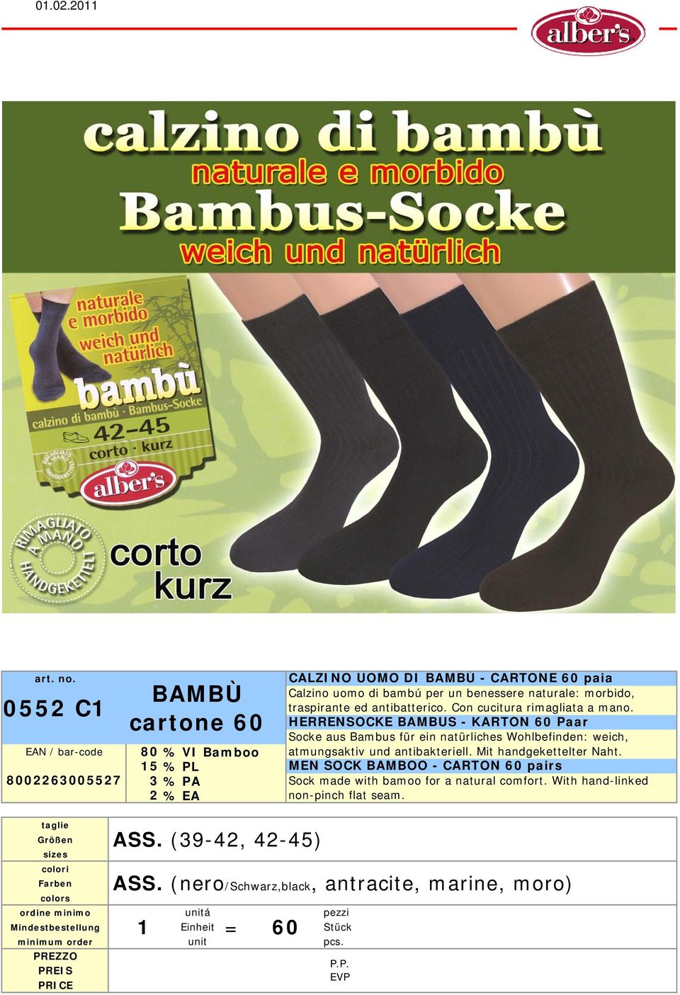 HERRENSOCKE BAMBUS - KARTON 60 Paar Socke aus Bambus für ein natürliches Wohlbefinden: weich, % VI Bamboo atmungsaktiv und antibakteriell.