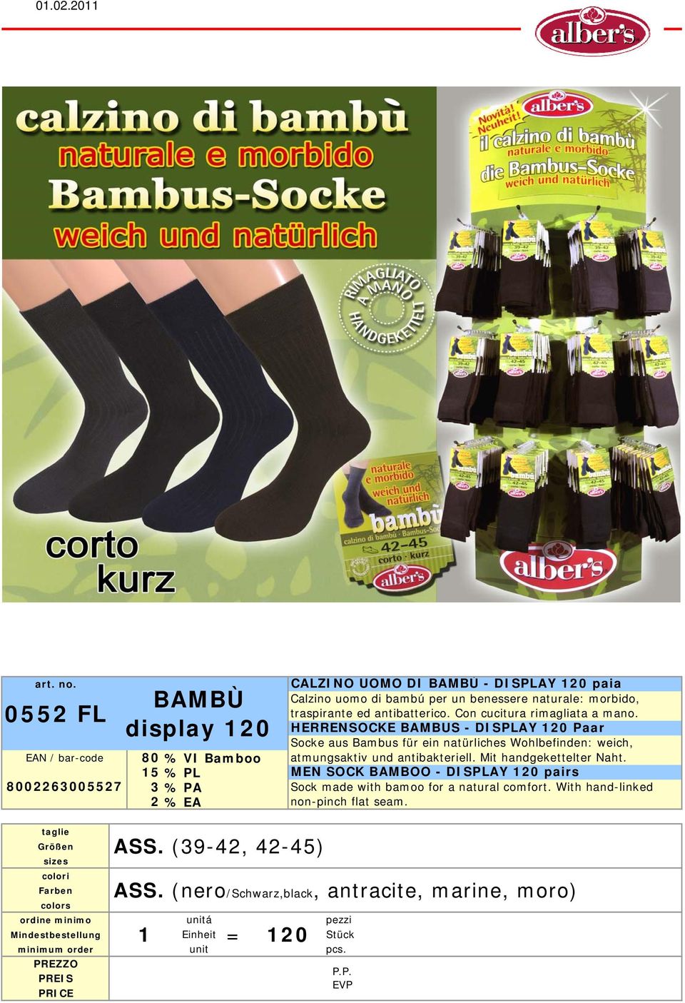 HERRENSOCKE BAMBUS - DISPLAY 120 Paar Socke aus Bambus für ein natürliches Wohlbefinden: weich, % VI Bamboo atmungsaktiv und antibakteriell.