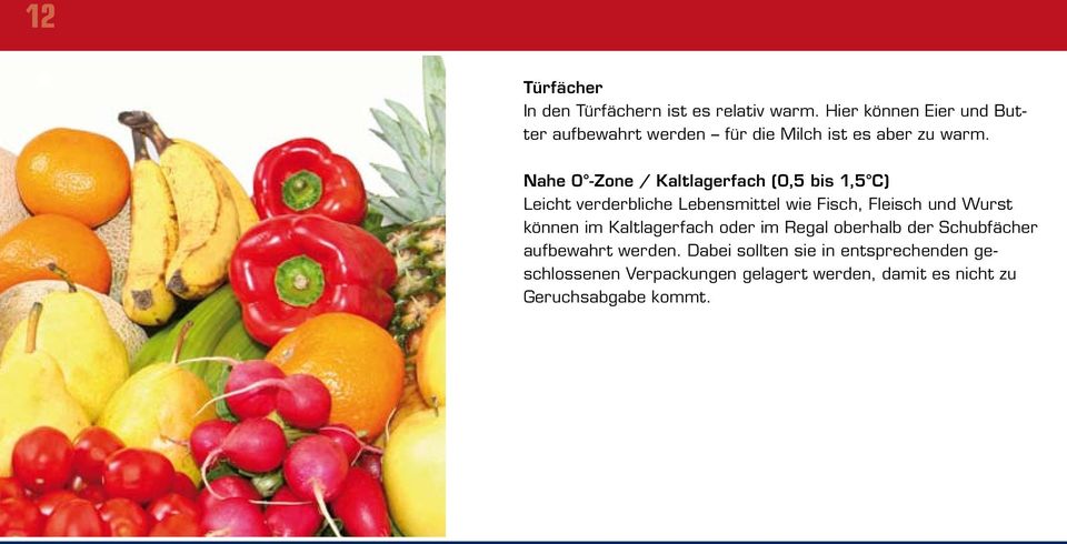 Nahe 0 -Zone / Kaltlagerfach (0,5 bis 1,5 C) Leicht verderbliche Lebensmittel wie Fisch, Fleisch und Wurst