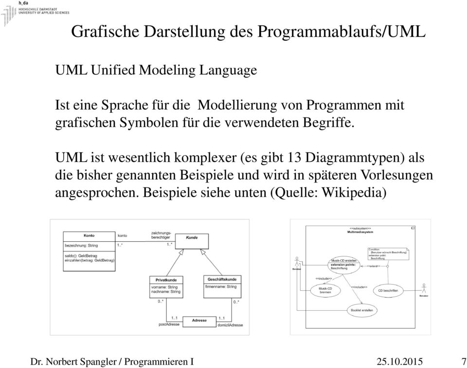 UML ist wesentlich komplexer (es gibt 13 Diagrammtypen) als die bisher genannten Beispiele und wird in