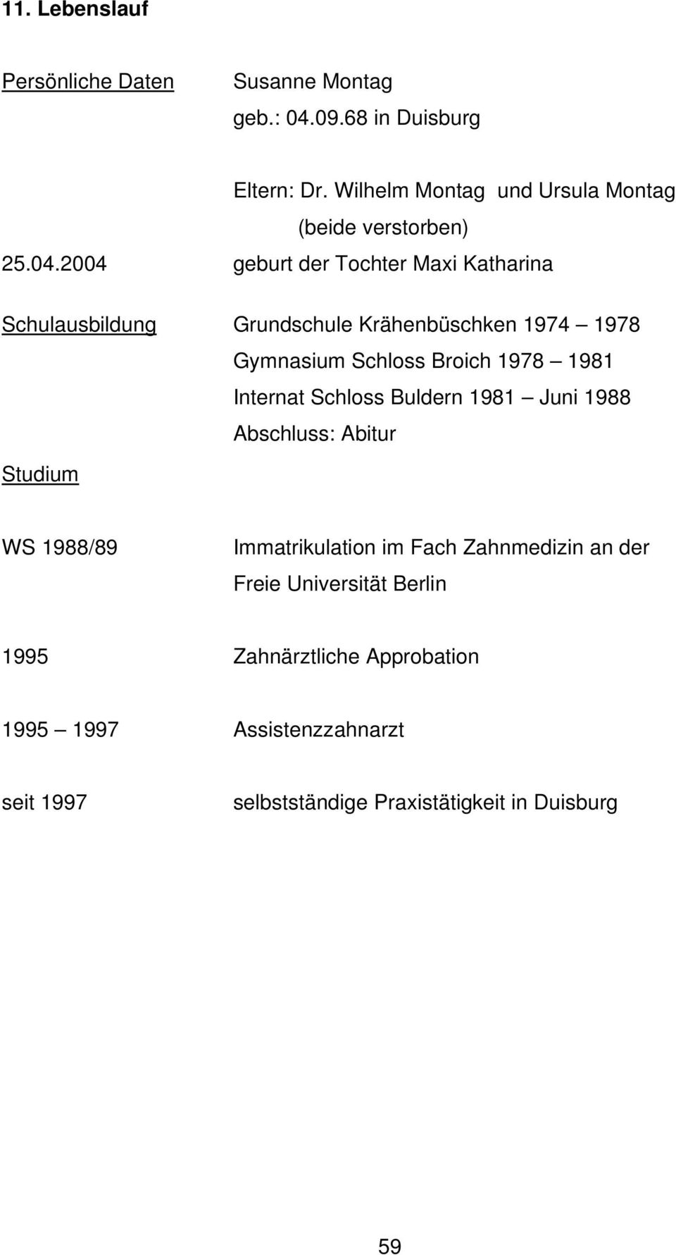 1974 1978 Gymnasium Schloss Broich 1978 1981 Internat Schloss Buldern 1981 Juni 1988 Abschluss: Abitur Studium WS 1988/89